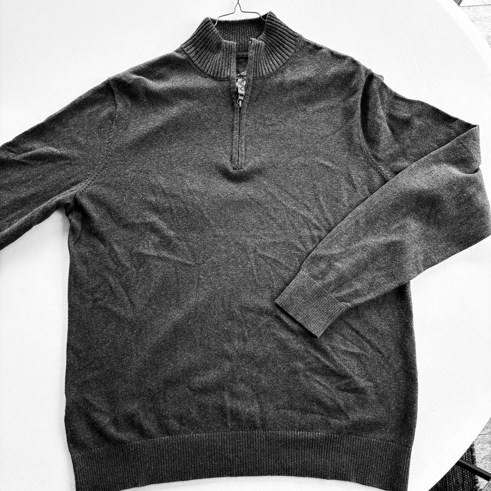 Eddie Bauer Quarter Zip Sweater Mens XL Charcoal Gray Mock Neck Pullover Knit - Picture 2 of 16
